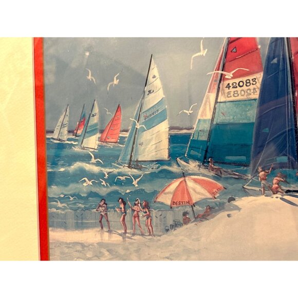 Richard E. Williams Retro 90's Red Framed Beach Boats Artist Signed Lithograph - Picture 3 of 16